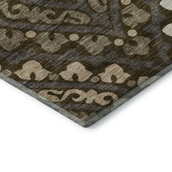 8' Brown Ivory And Gray Diamond Washable Round Rug With UV Protection Photo 7