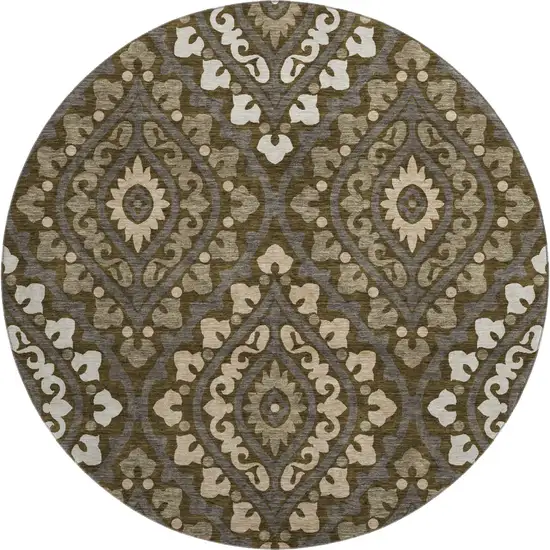 8' Brown Ivory And Gray Diamond Washable Round Rug With UV Protection Photo 1