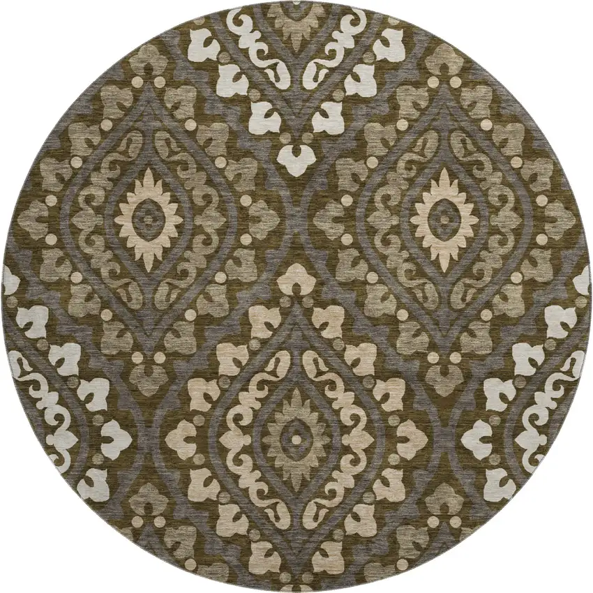 8' Brown Ivory And Gray Diamond Washable Round Rug With UV Protection Photo 1