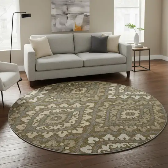 8' Brown Ivory And Gray Diamond Washable Round Rug With UV Protection Photo 2