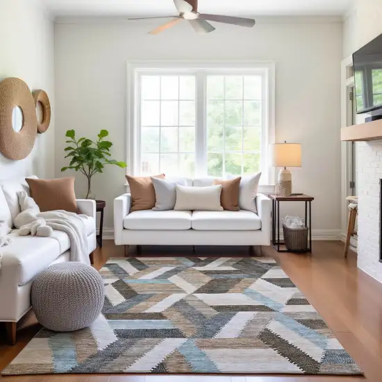 8' Brown Ivory And Gray Geometric Washable Area Rug With UV Protection Photo 5