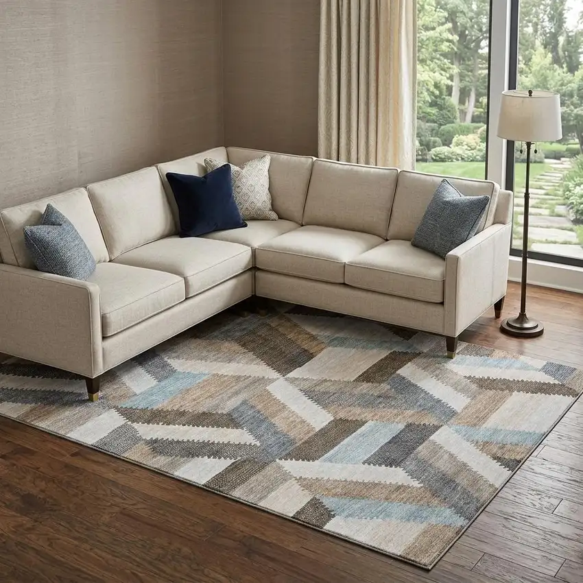 8' Brown Ivory And Gray Geometric Washable Area Rug With UV Protection Photo 1