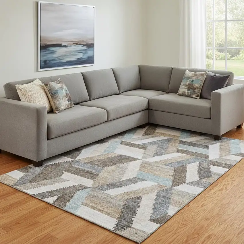 8' Brown Ivory And Gray Geometric Washable Area Rug With UV Protection Photo 2