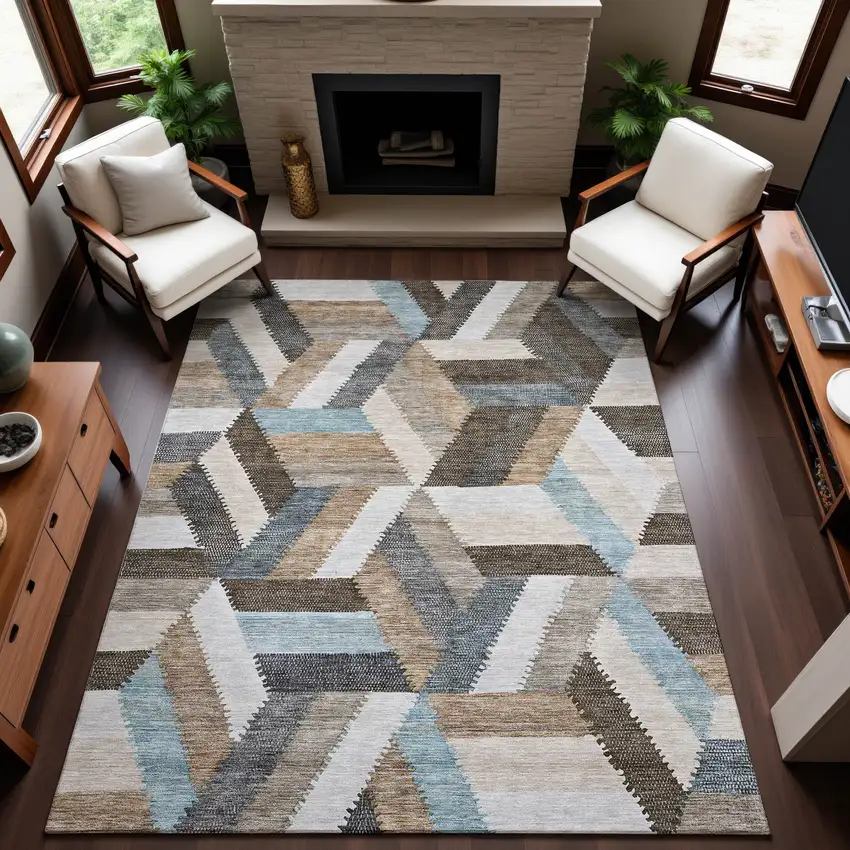 8' Brown Ivory And Gray Geometric Washable Area Rug With UV Protection Photo 4