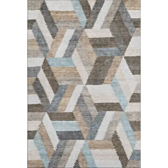 8' Brown Ivory And Gray Geometric Washable Area Rug With UV Protection Photo 1