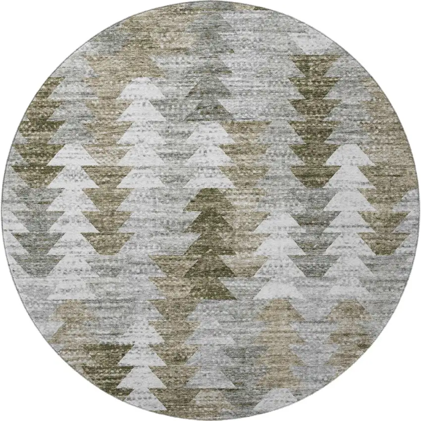 8' Brown Ivory And Gray Geometric Washable Round Rug With UV Protection Photo 4