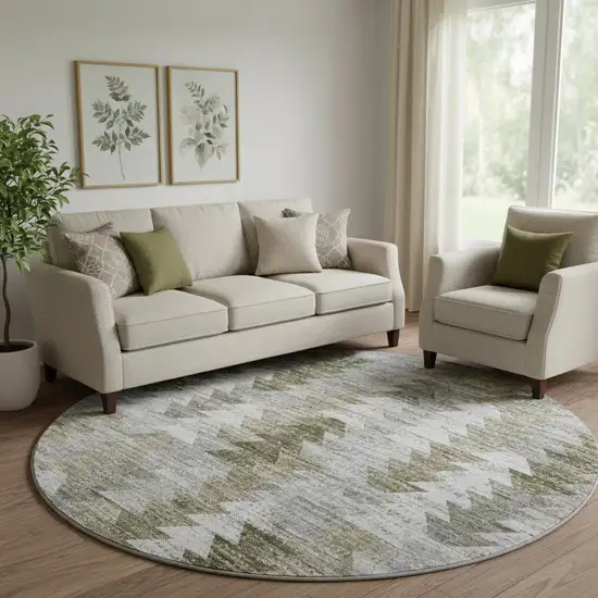 8' Brown Ivory And Gray Geometric Washable Round Rug With UV Protection Photo 1