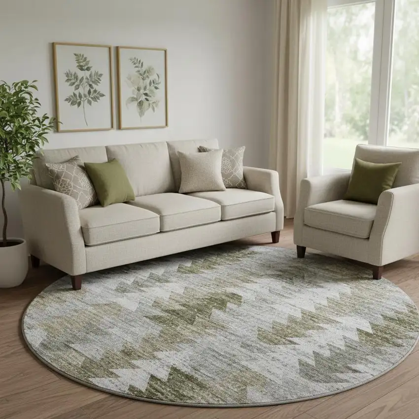 8' Brown Ivory And Gray Geometric Washable Round Rug With UV Protection Photo 1