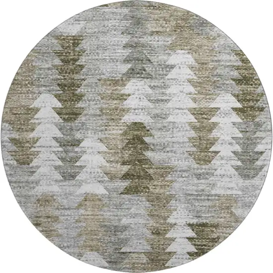 8' Brown Ivory And Gray Geometric Washable Round Rug With UV Protection Photo 1
