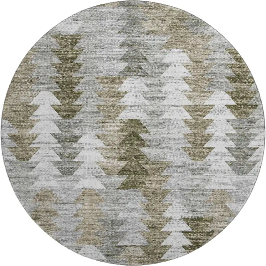 8' Brown Ivory And Gray Geometric Washable Round Rug With UV Protection Photo 1