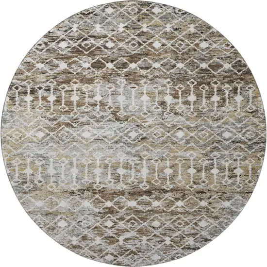 8' Brown Ivory And Gray Geometric Washable Round Rug With UV Protection Photo 3