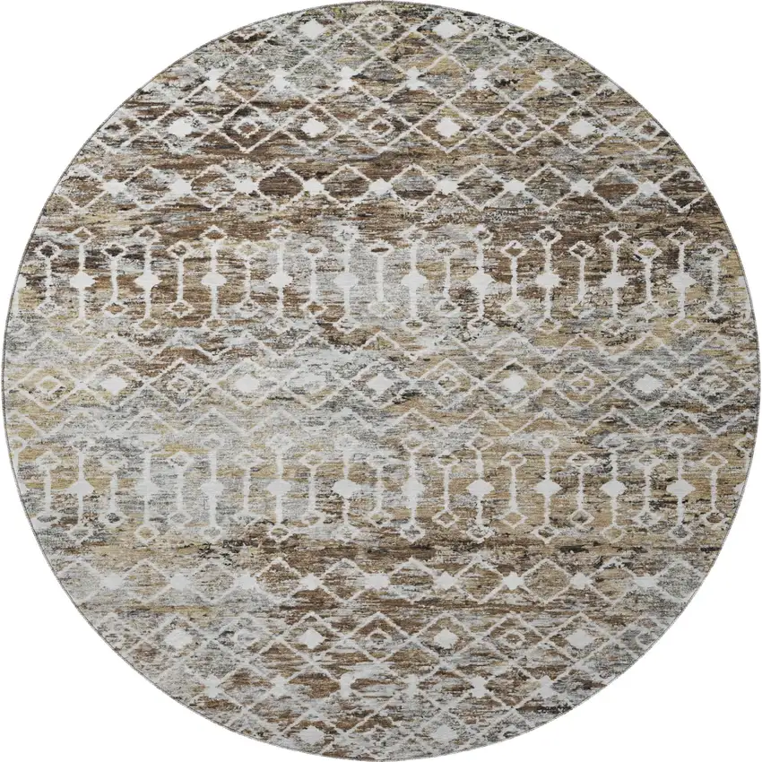 8' Brown Ivory And Gray Geometric Washable Round Rug With UV Protection Photo 3