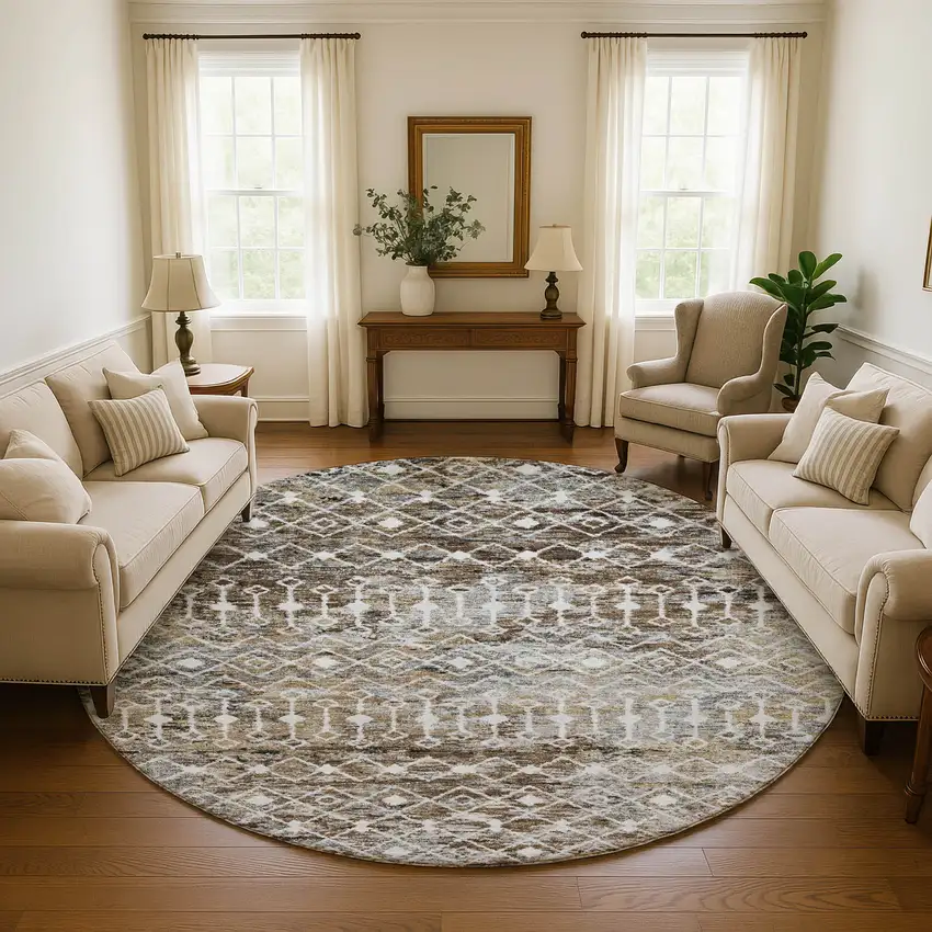 8' Brown Ivory And Gray Geometric Washable Round Rug With UV Protection Photo 4