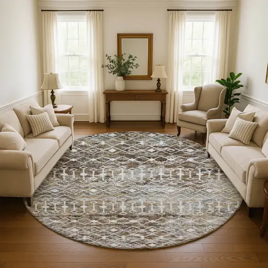 8' Brown Ivory And Gray Geometric Washable Round Rug With UV Protection Photo 4
