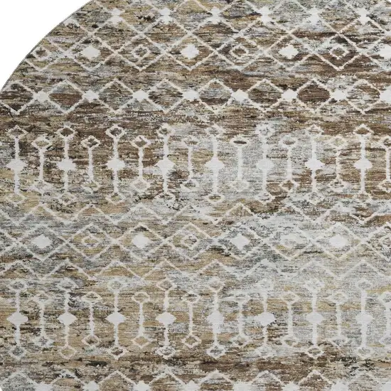 8' Brown Ivory And Gray Geometric Washable Round Rug With UV Protection Photo 2