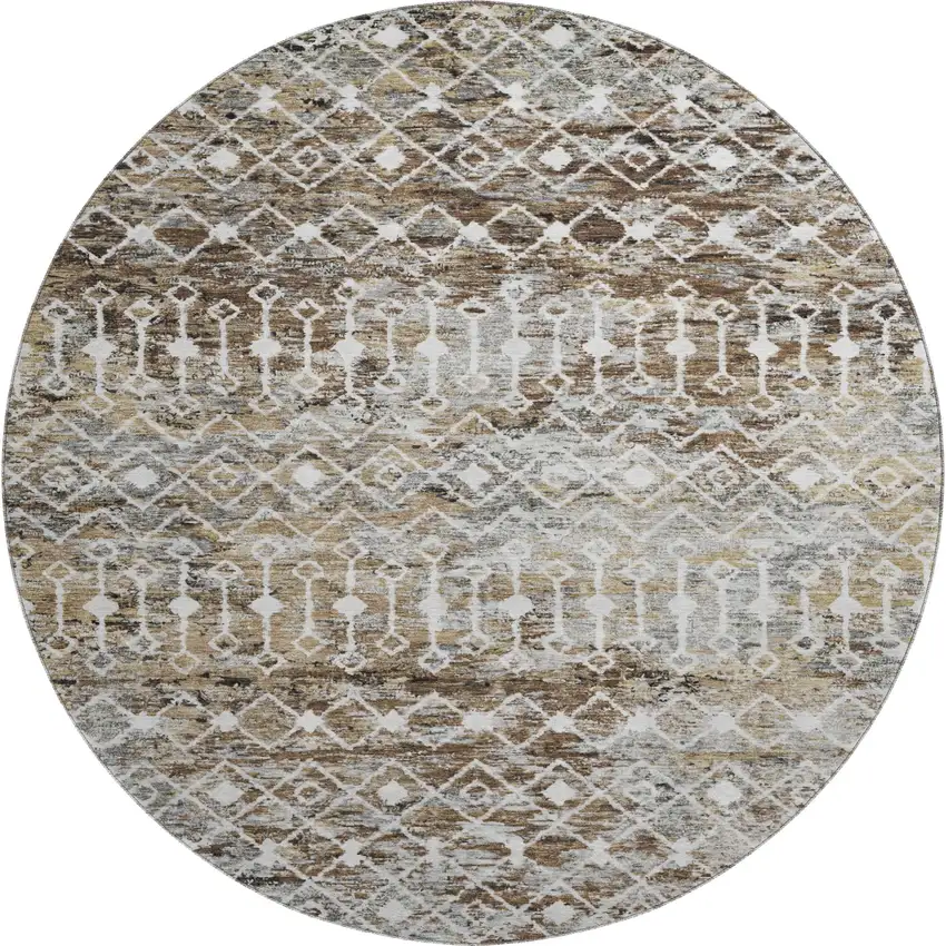 8' Brown Ivory And Gray Geometric Washable Round Rug With UV Protection Photo 1