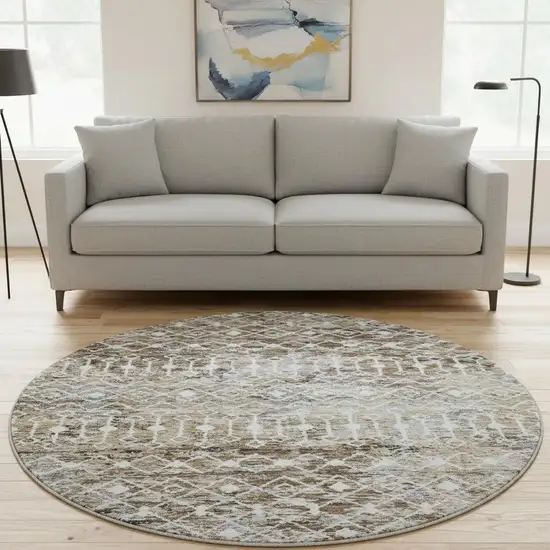 8' Brown Ivory And Gray Geometric Washable Round Rug With UV Protection Photo 2