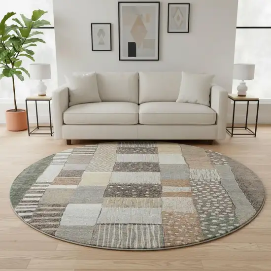 8' Brown Ivory And Gray Geometric Washable Round Rug With UV Protection Photo 2