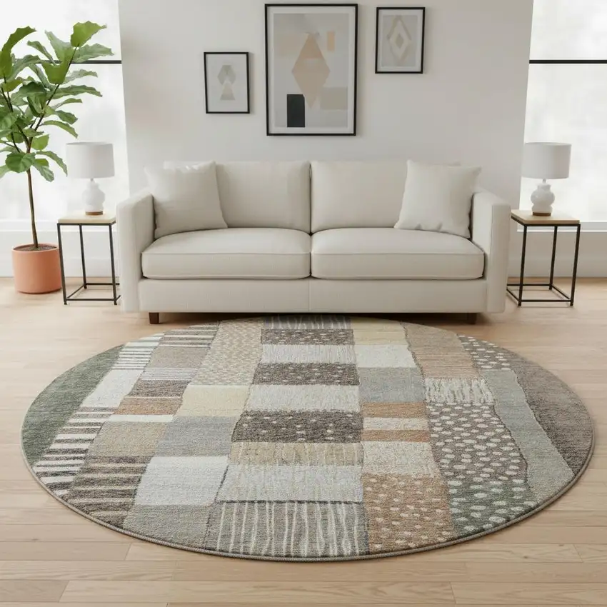 8' Brown Ivory And Gray Geometric Washable Round Rug With UV Protection Photo 2