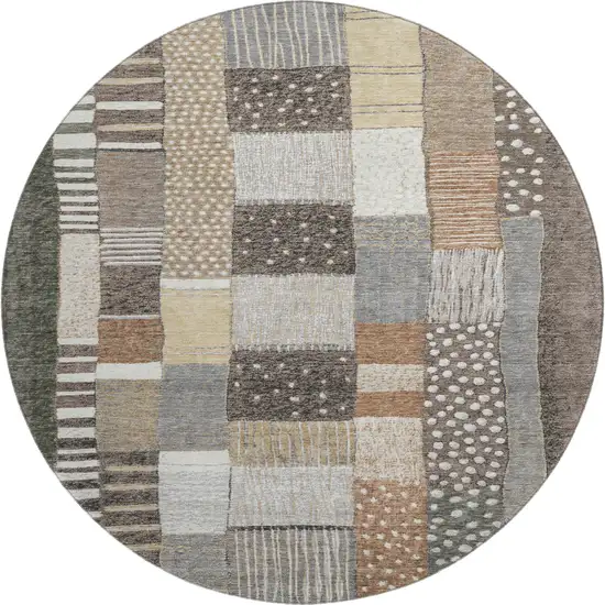 8' Brown Ivory And Gray Geometric Washable Round Rug With UV Protection Photo 1