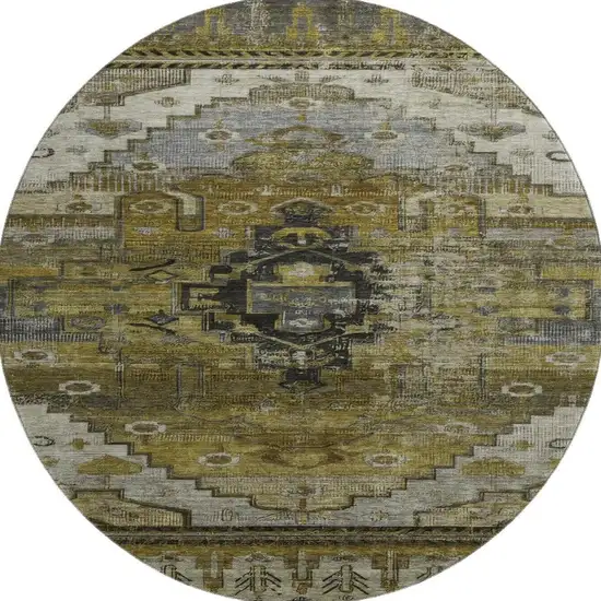 8' Brown Ivory And Gray Oriental Washable Round Rug With UV Protection Photo 2