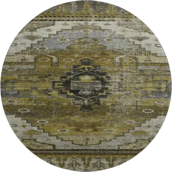 8' Brown Ivory And Gray Oriental Washable Round Rug With UV Protection Photo 1