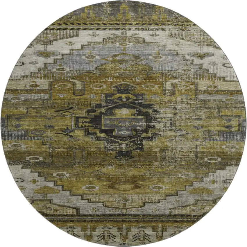 8' Brown Ivory And Gray Oriental Washable Round Rug With UV Protection Photo 1
