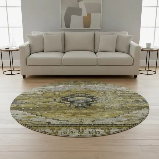 8' Brown Ivory And Gray Oriental Washable Round Rug With UV Protection Photo 2