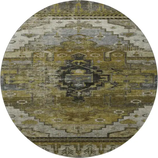 8' Brown Ivory And Gray Oriental Washable Round Rug With UV Protection Photo 3