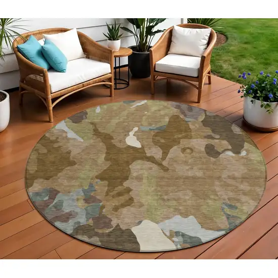 8' Brown Ivory And Gray Round Abstract Washable Indoor Outdoor Area Rug Photo 2