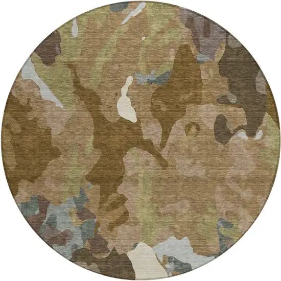 8' Brown Ivory And Gray Round Abstract Washable Indoor Outdoor Area Rug Photo 1