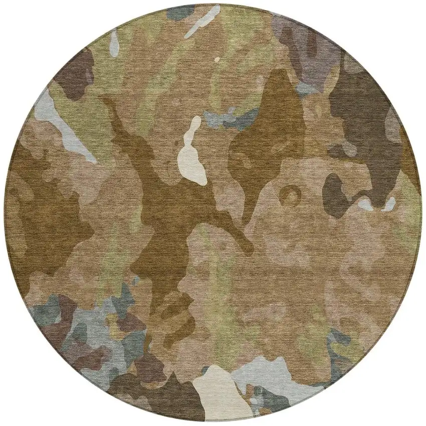 8' Brown Ivory And Gray Round Abstract Washable Indoor Outdoor Area Rug Photo 4