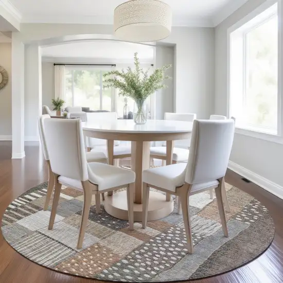 8' Brown Ivory And Gray Round Geometric Washable Indoor Outdoor Area Rug Photo 6