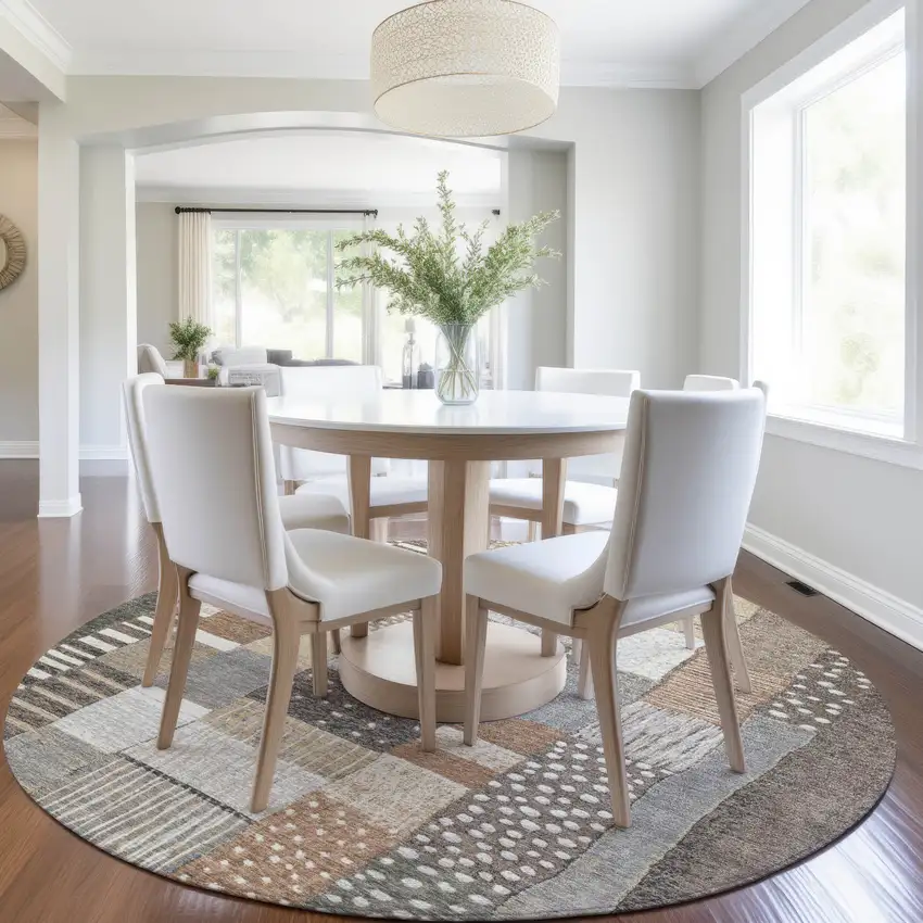 8' Brown Ivory And Gray Round Geometric Washable Indoor Outdoor Area Rug Photo 6