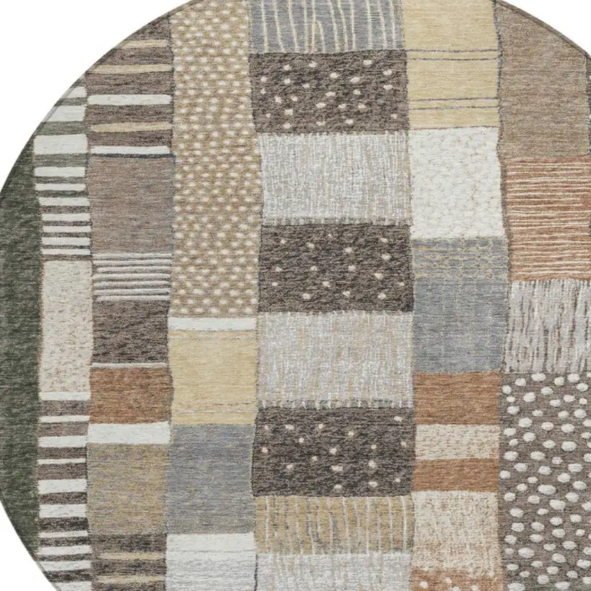 8' Brown Ivory And Gray Round Geometric Washable Indoor Outdoor Area Rug Photo 8