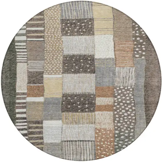 8' Brown Ivory And Gray Round Geometric Washable Indoor Outdoor Area Rug Photo 1