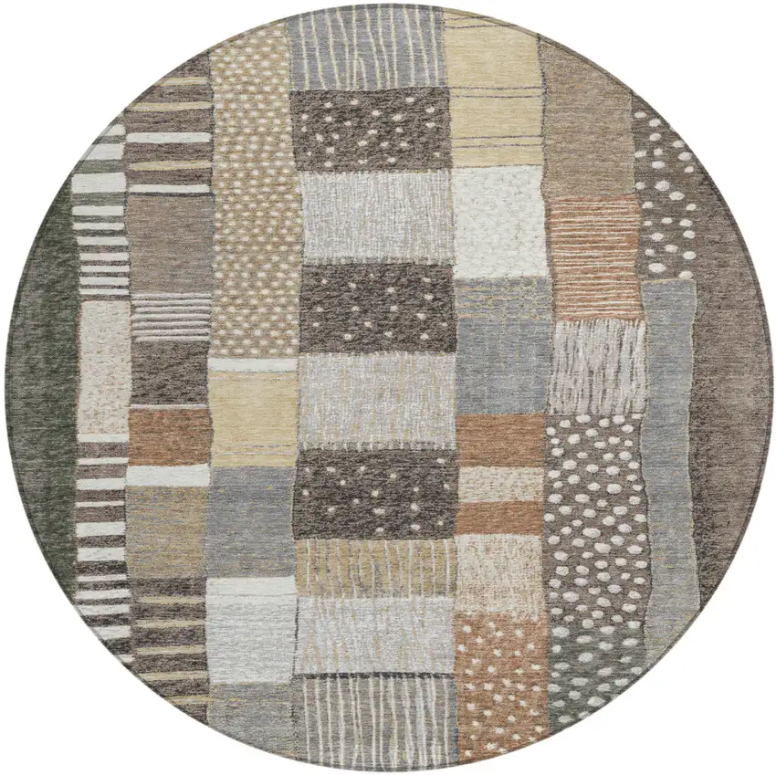 8' Brown Ivory And Gray Round Geometric Washable Indoor Outdoor Area Rug Photo 1