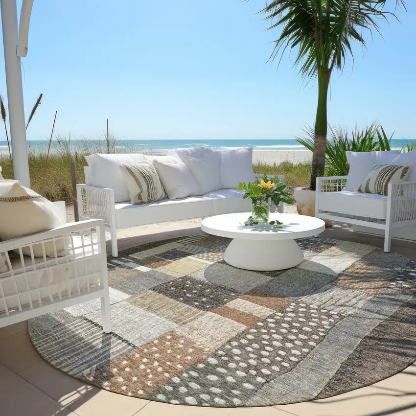 8' Brown Ivory And Gray Round Geometric Washable Indoor Outdoor Area Rug Photo 5