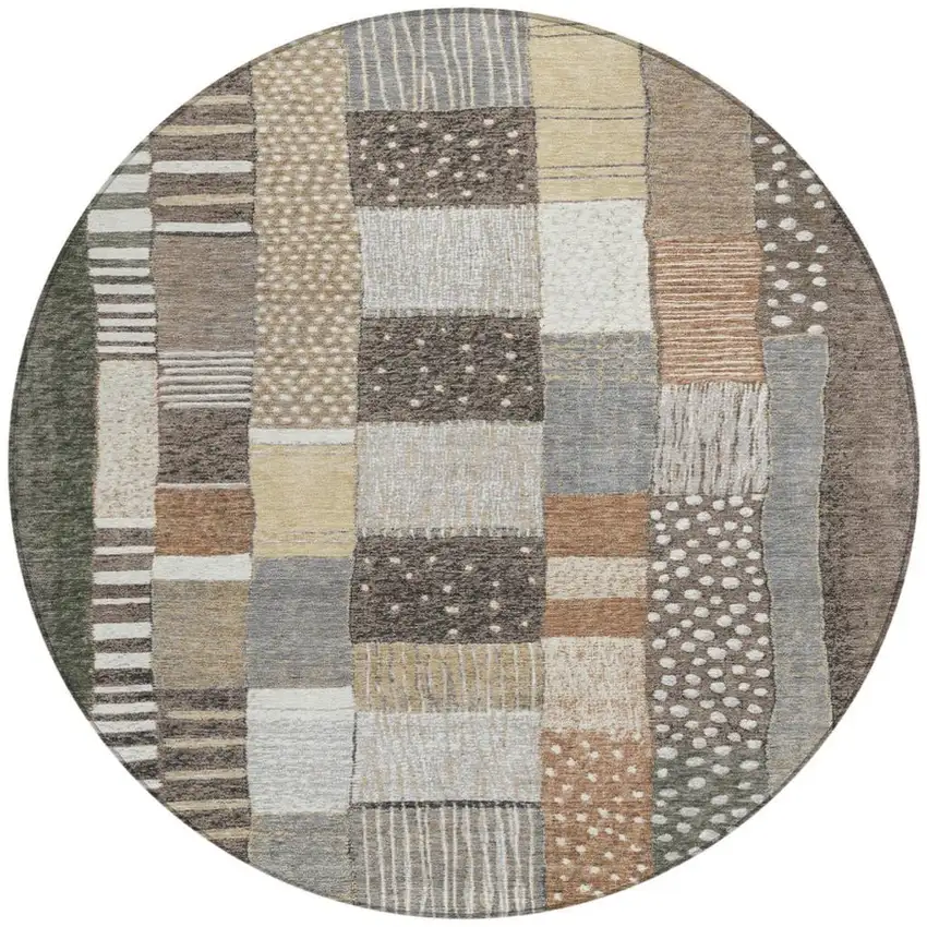 8' Brown Ivory And Gray Round Geometric Washable Indoor Outdoor Area Rug Photo 3