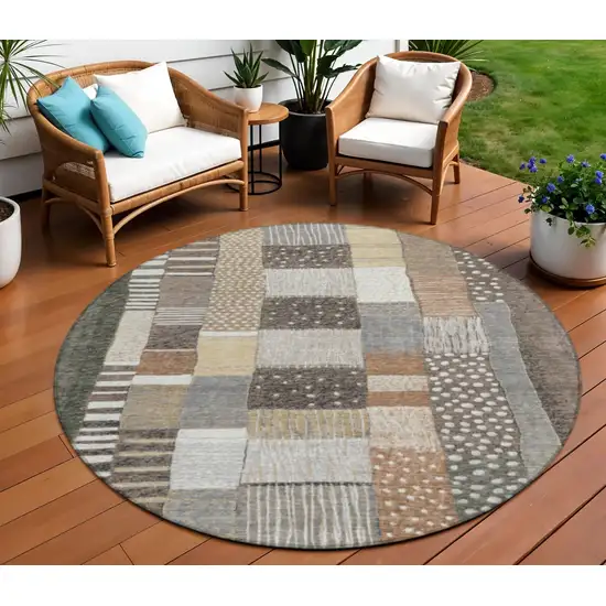 8' Brown Ivory And Gray Round Geometric Washable Indoor Outdoor Area Rug Photo 2