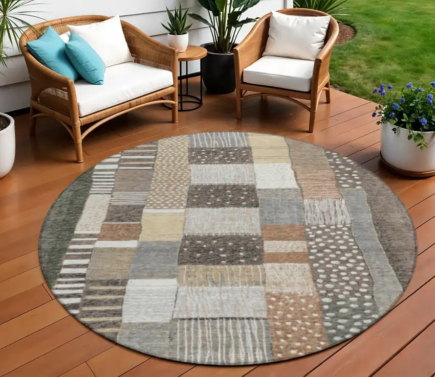8' Brown Ivory And Gray Round Geometric Washable Indoor Outdoor Area Rug Photo 2