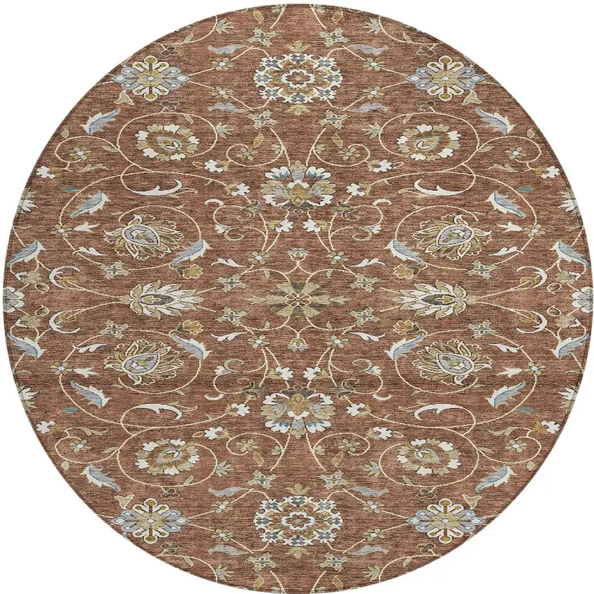 8' Brown Ivory And Gray Round Moroccan Washable Indoor Outdoor Area Rug Photo 6