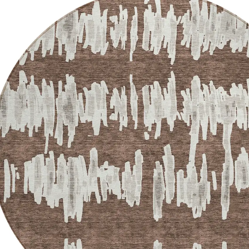 8' Brown Ivory And Gray Round Striped Washable Indoor Outdoor Area Rug Photo 4