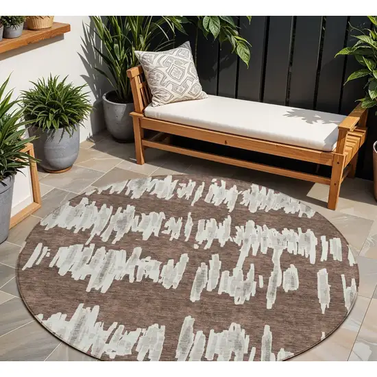 8' Brown Ivory And Gray Round Striped Washable Indoor Outdoor Area Rug Photo 1