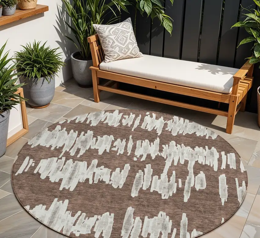 8' Brown Ivory And Gray Round Striped Washable Indoor Outdoor Area Rug Photo 1