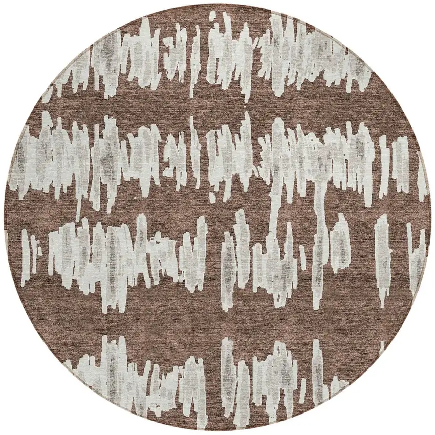 8' Brown Ivory And Gray Round Striped Washable Indoor Outdoor Area Rug Photo 6