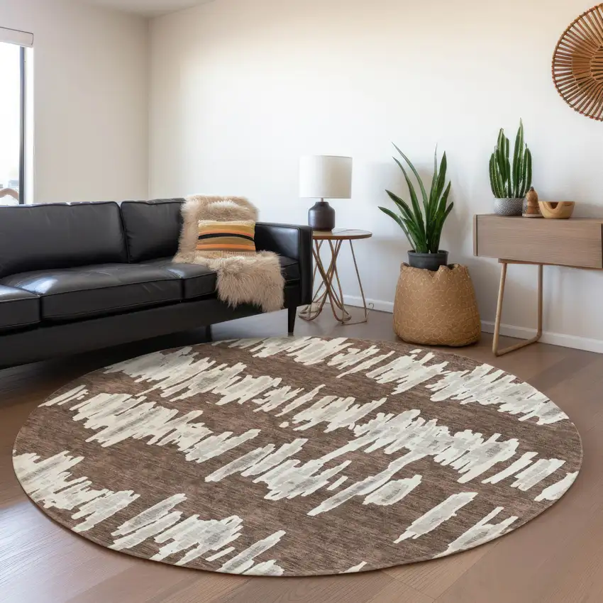 8' Brown Ivory And Gray Round Striped Washable Indoor Outdoor Area Rug Photo 8
