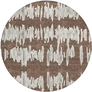 Photo of 8' Brown Ivory And Gray Round Striped Washable Indoor Outdoor Area Rug