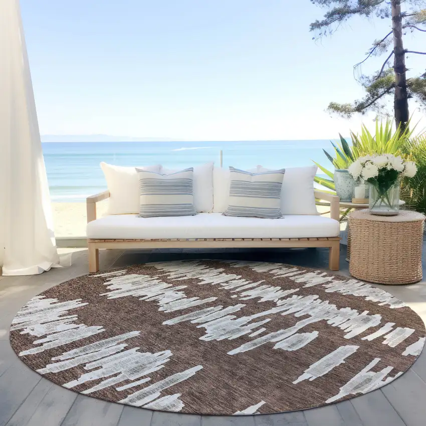 8' Brown Ivory And Gray Round Striped Washable Indoor Outdoor Area Rug Photo 7