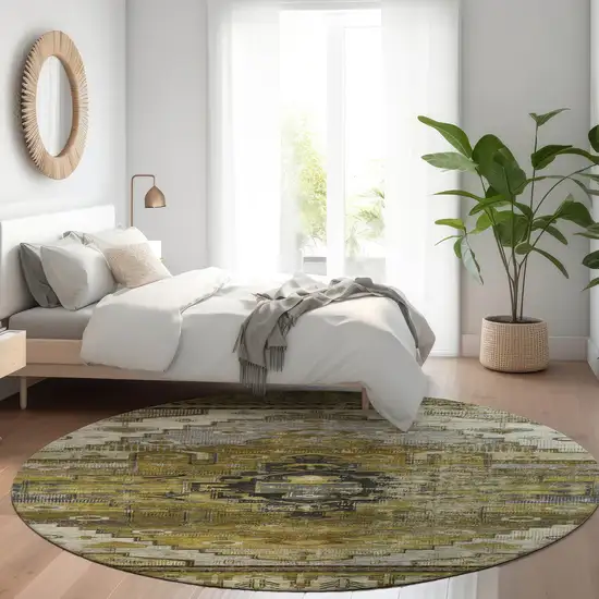 8' Brown Ivory And Gray Round Tribal Washable Indoor Outdoor Area Rug Photo 7